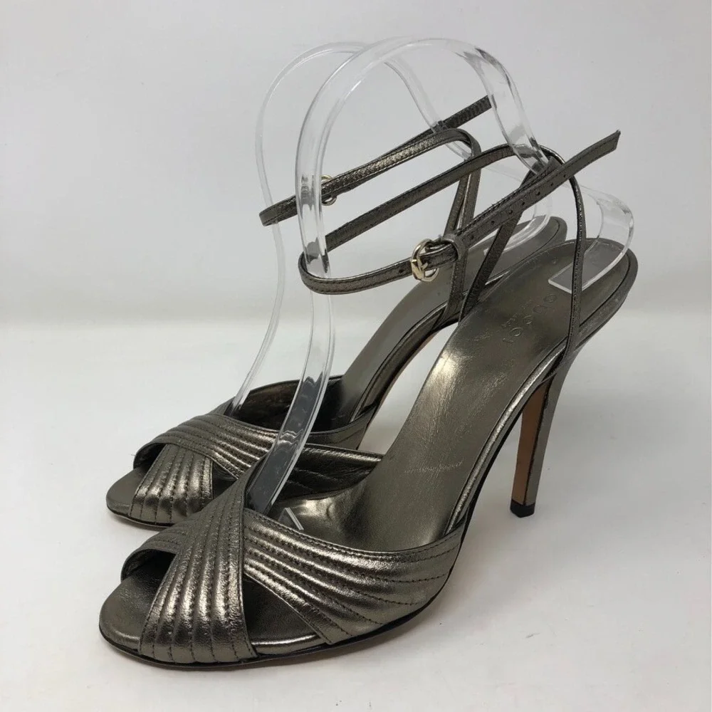 Gucci Sand Pelle Cuoio Sasso Stiletto Heels Womens 8.5 Champaign Metallic Party - Picture 3 of 15